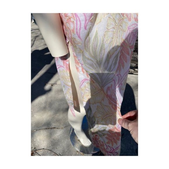 Pastel Botanical Print Tunic Dress Kurta Short Sleeve Gold Embroidery V-Neck - Picture 5 of 12